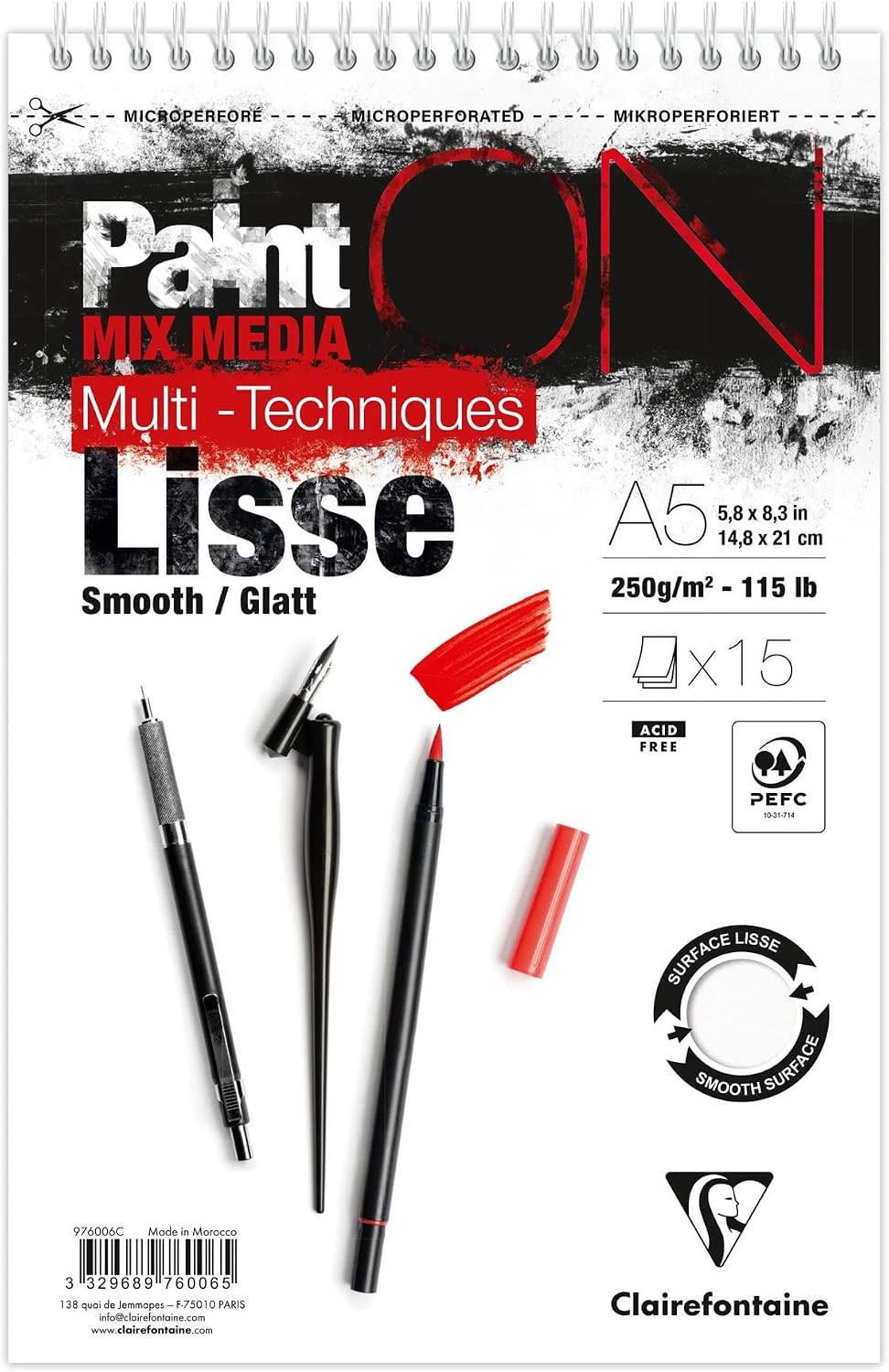 Clairefontaine Paint On Lisse Multi Techniques A5 250 gr 15 Yaprak Üstten Spiralli Defter