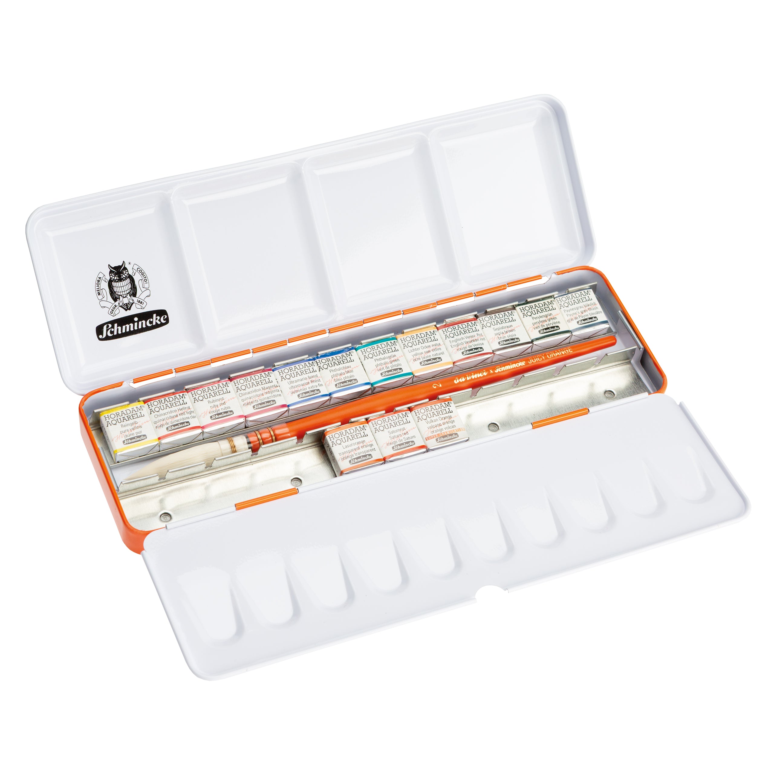 Schmincke Horadam Aquarell Artist Sulu Boya Juicy Orange Metal Kutu Set 15 x Yarım Tablet + Da Vinci Fırça