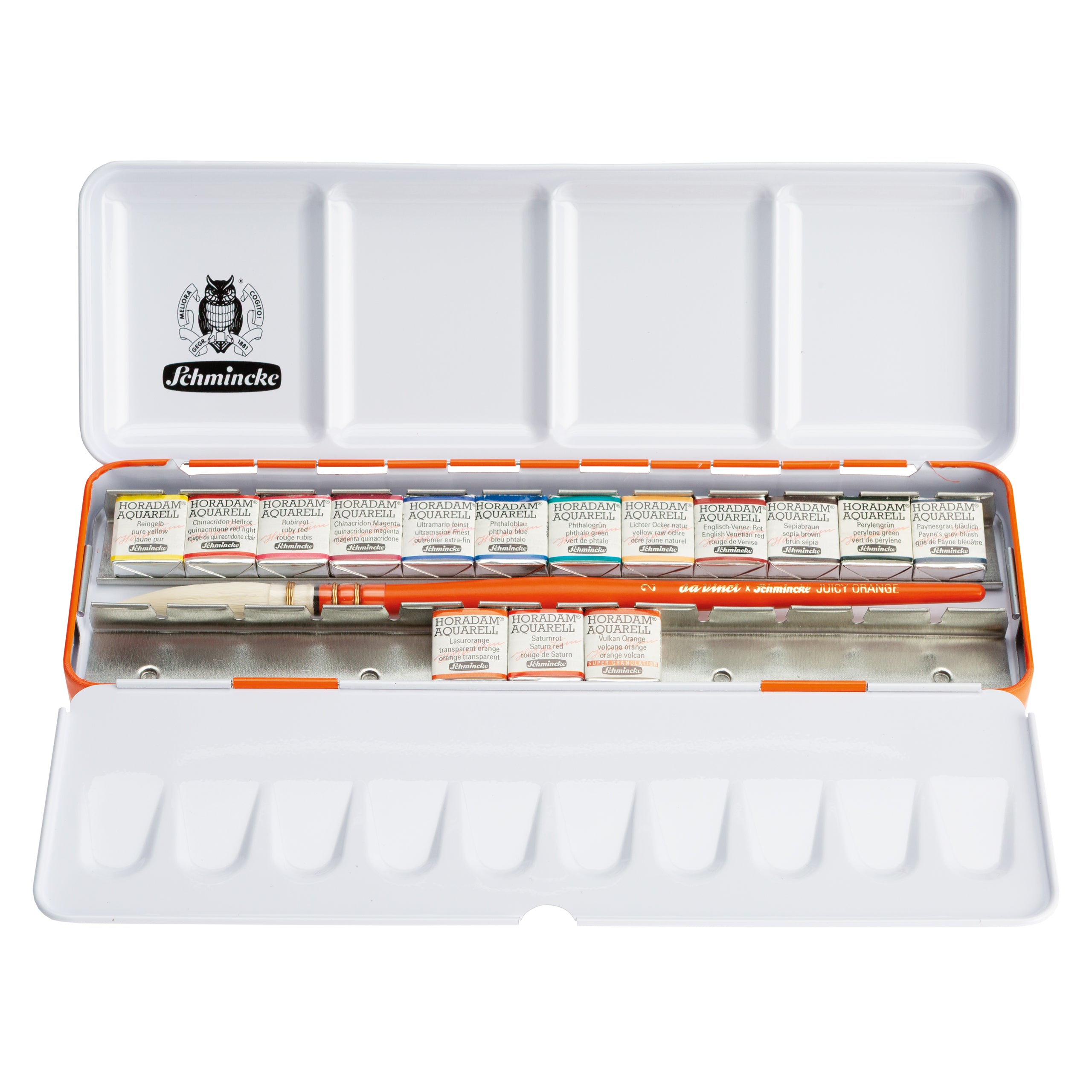 Schmincke Horadam Aquarell Artist Sulu Boya Juicy Orange Metal Kutu Set 15 x Yarım Tablet + Da Vinci Fırça