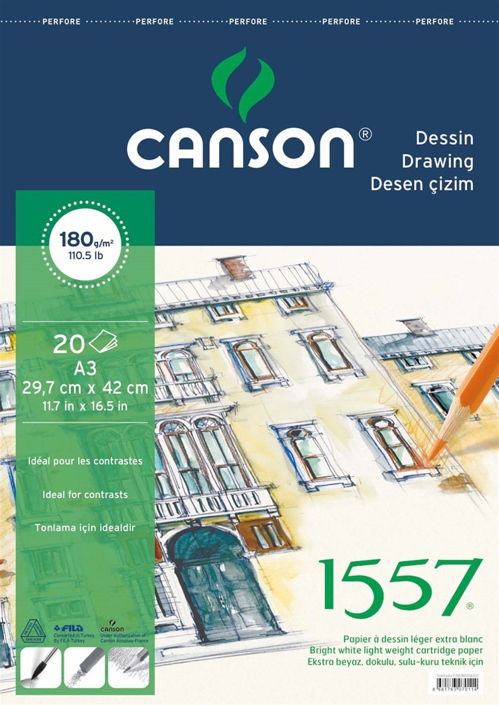 Canson Drawing and Painting Notebook 180 Gr A3 20 Pages Top Spiral