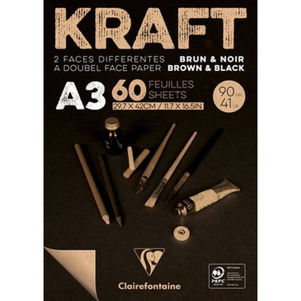 Clairefontaine Kraft Kahverengi ve Siyah Çizim Bloğu A3 90g 60 Yp