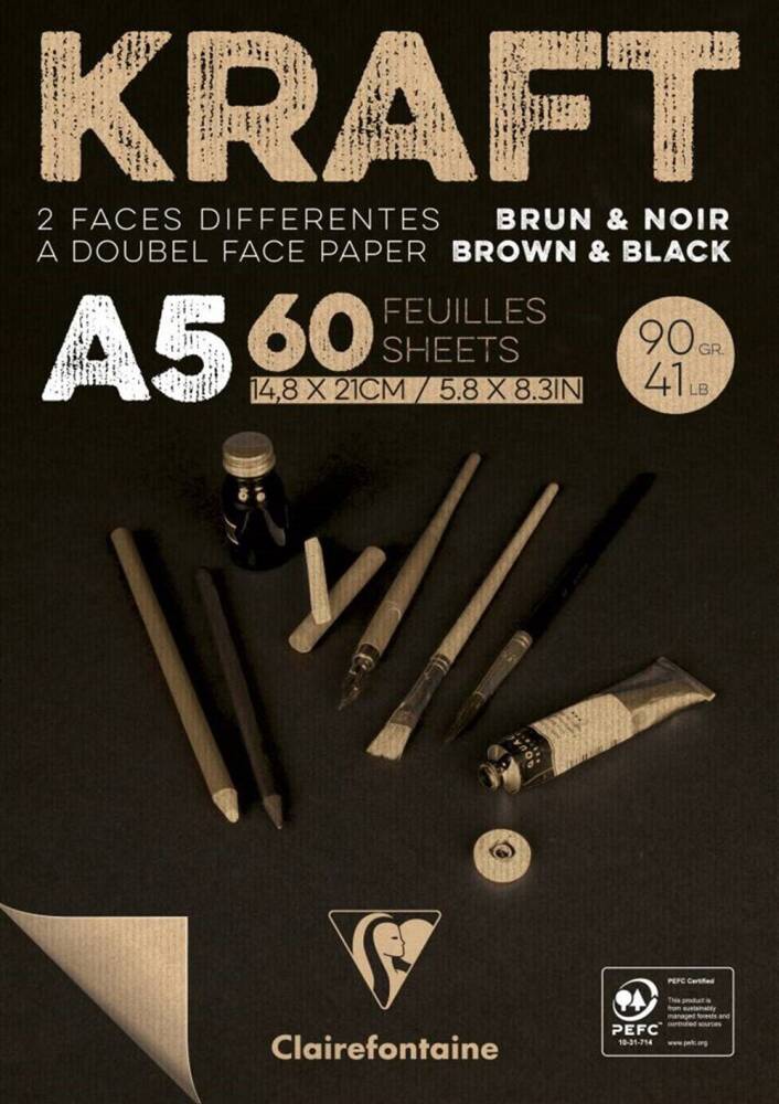 Clairefontaine Kraft Kahverengi ve Siyah Çizim Bloğu A5 90g 60 Yp
