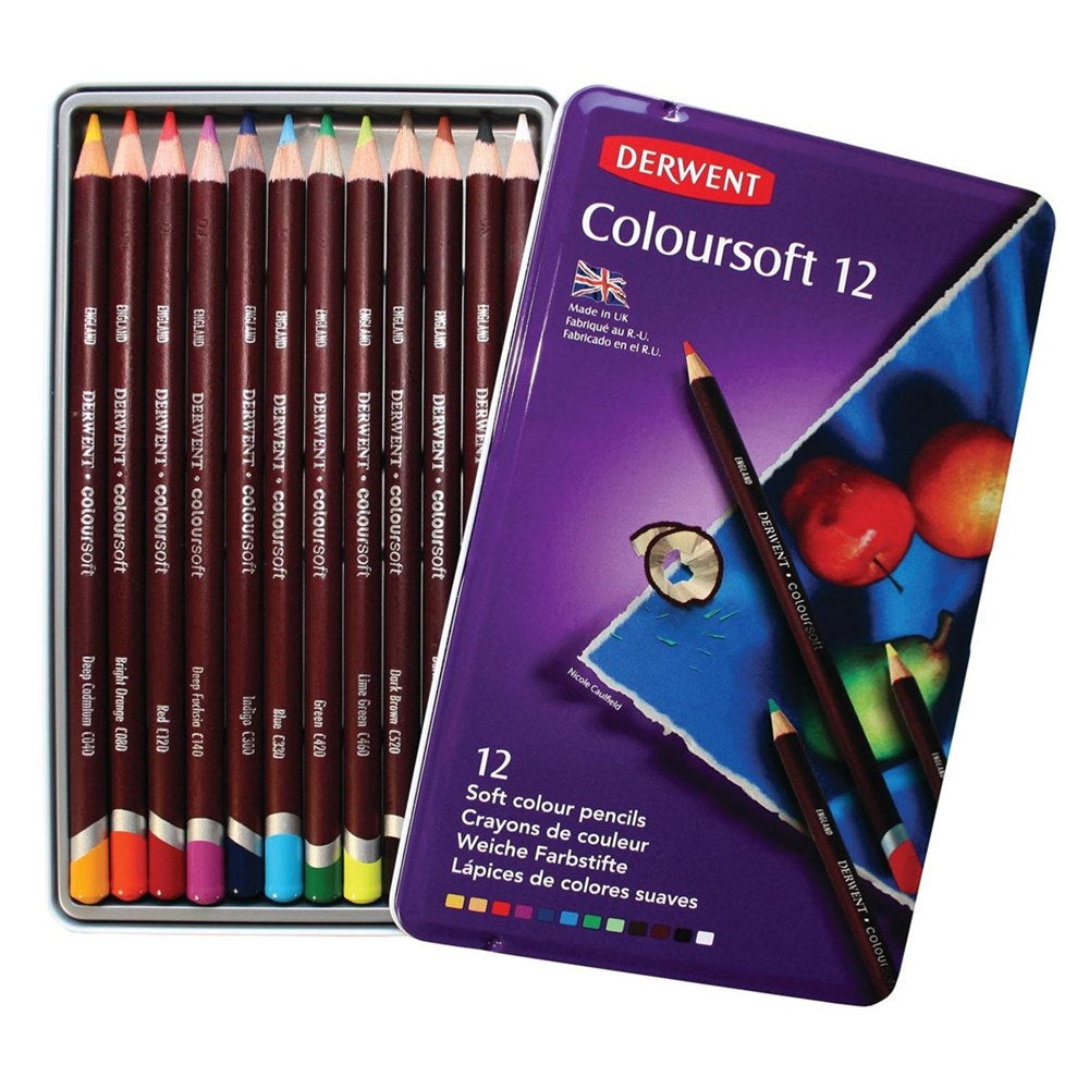 Derwent Coloursoft Colour Pencils Renkli Yumuşak Kuru Boya Kalemi 12'li Teneke Kutu