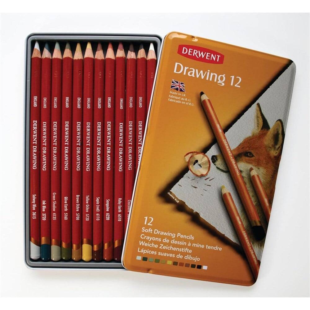 Derwent Drawing Yağlı Eskiz Çizim Kalemi 12'li Teneke Kutu