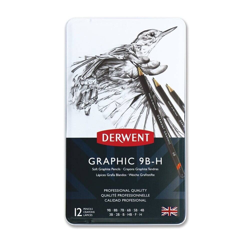 Derwent Graphic Pencil Soft Dereceli Kalem Seti 12'li Teneke Kutu Sketching Eskiz