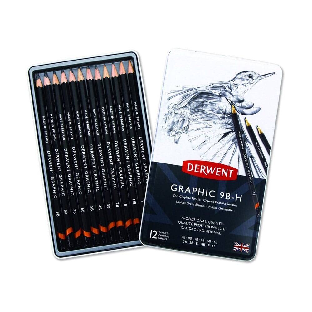 Derwent Graphic Pencil Soft Dereceli Kalem Seti 12'li Teneke Kutu Sketching Eskiz