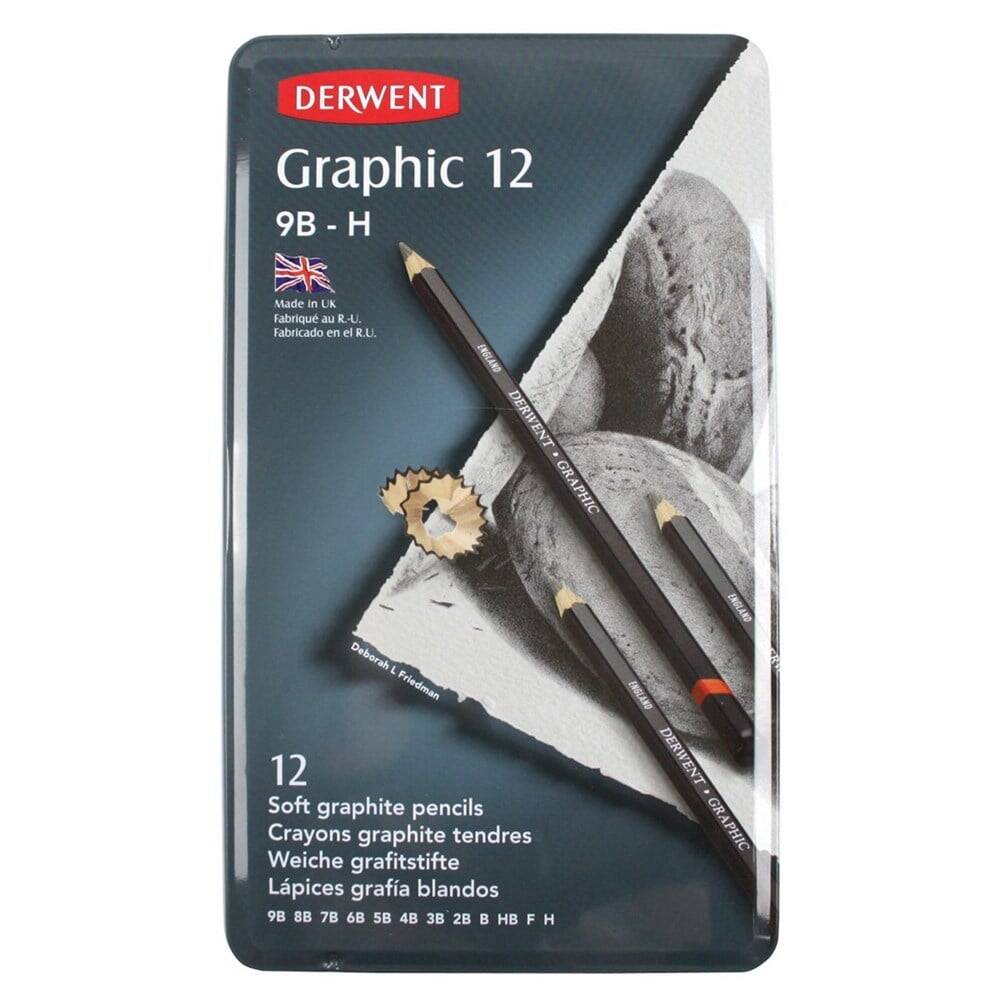 Derwent Graphic Pencil Soft Dereceli Kalem Seti 12'li Teneke Kutu Sketching Eskiz