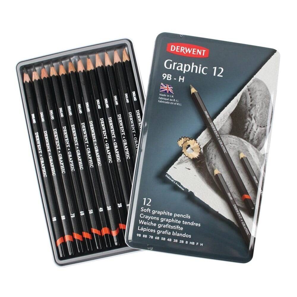 Derwent Graphic Pencil Soft Dereceli Kalem Seti 12'li Teneke Kutu Sketching Eskiz