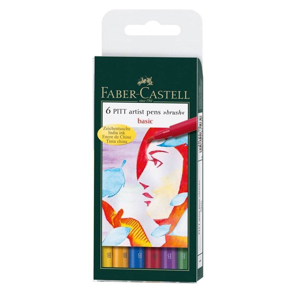 Faber Castell Pitt Artist Pen Brush Tip Drawing Pen Primary Colors 6-Pack