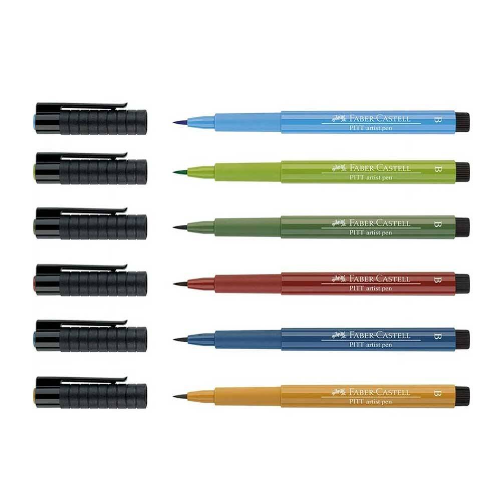 Faber Castell Pitt Artist Pen Brush Tip Drawing Pen Landscape 6-Pack