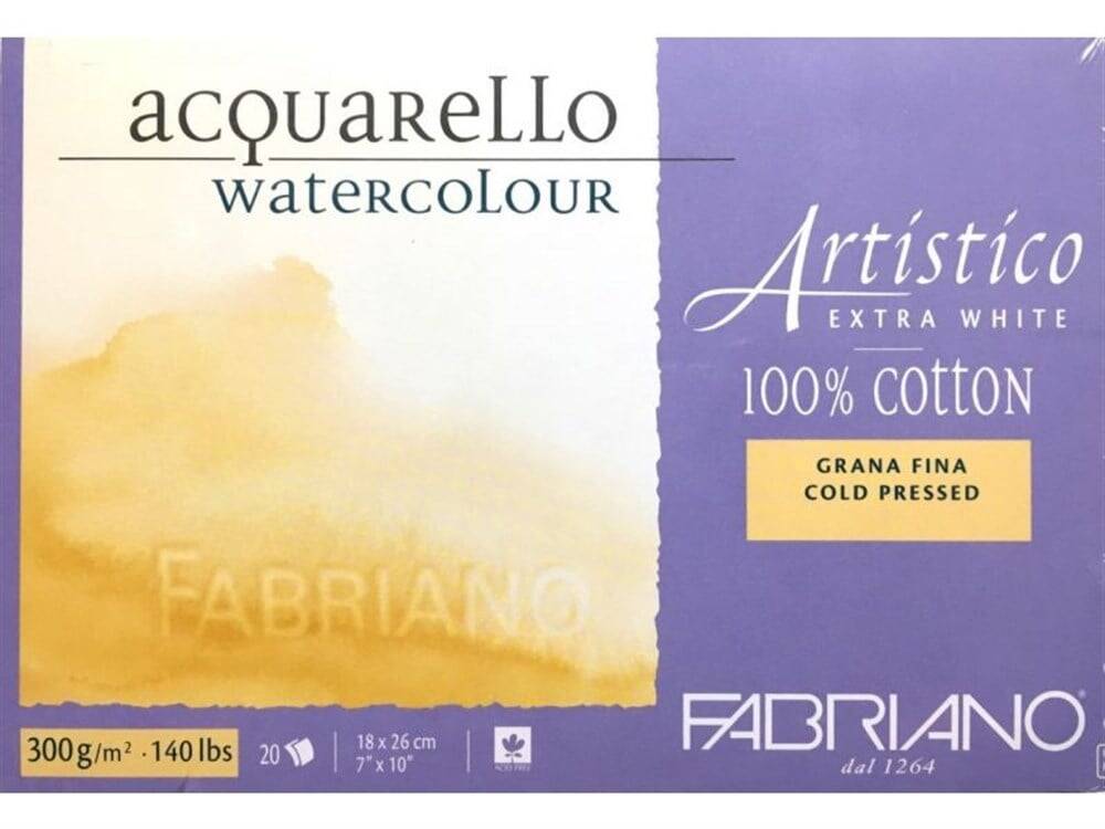 Fabriano Artistico Watercolor Notebook Extra White Grana Fina Cold Pressed 300gr, 18x26 cm 20 Pages
