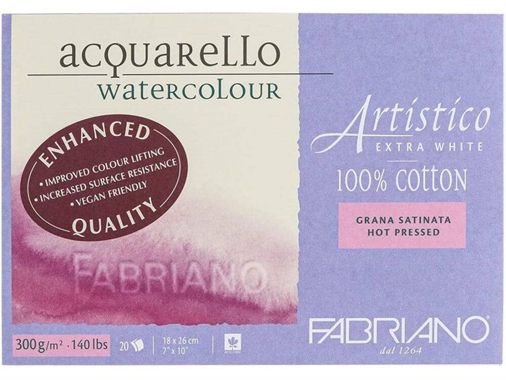 Fabriano Artistico Watercolor Notebook Extra White Grana Satinata Hot Pressed 300gr, 18x26 cm 20 Pages