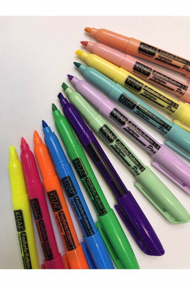 Kraf Highlighter Pens 12-Pack (6 Pastels + 6 Bright Colors)