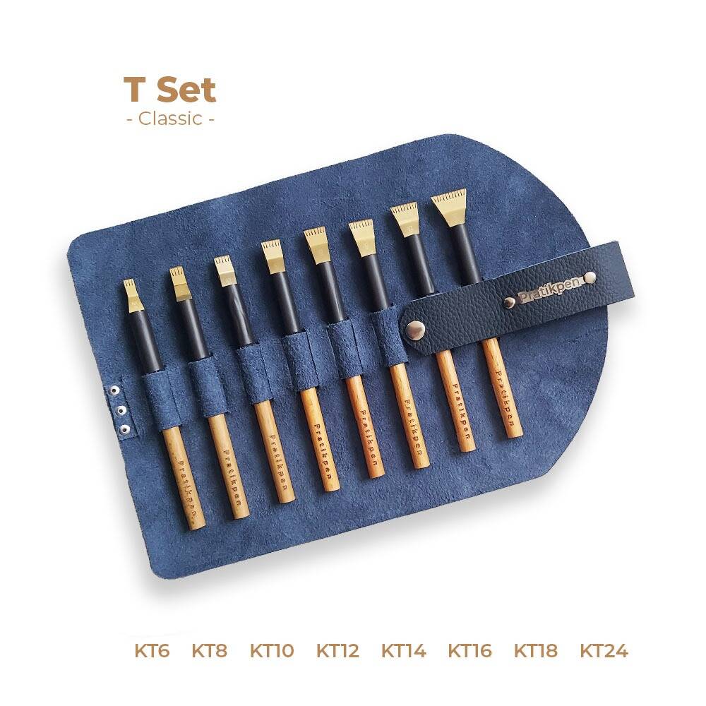 Pratikpen (T) Straight Calligraphy Pen Set of 8 - Leather Pen Holder