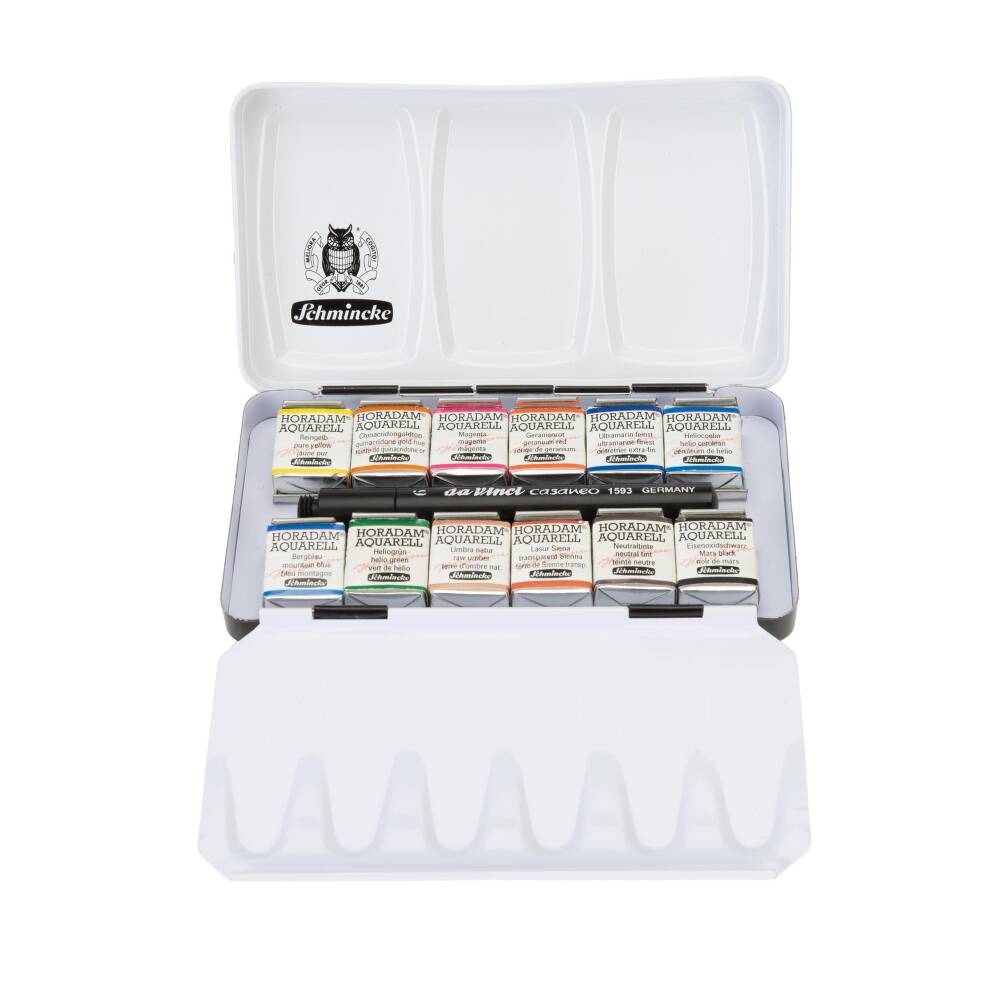 Schmincke Horadam Aquarell Travel Watercolor Set 12 x Half Pan Casaneo Brush Gift 74652
