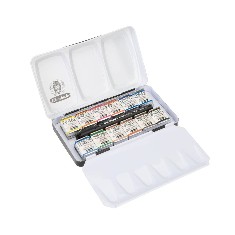 Schmincke Horadam Aquarell Travel Watercolor Set 12 x Half Pan Casaneo Brush Gift 74652