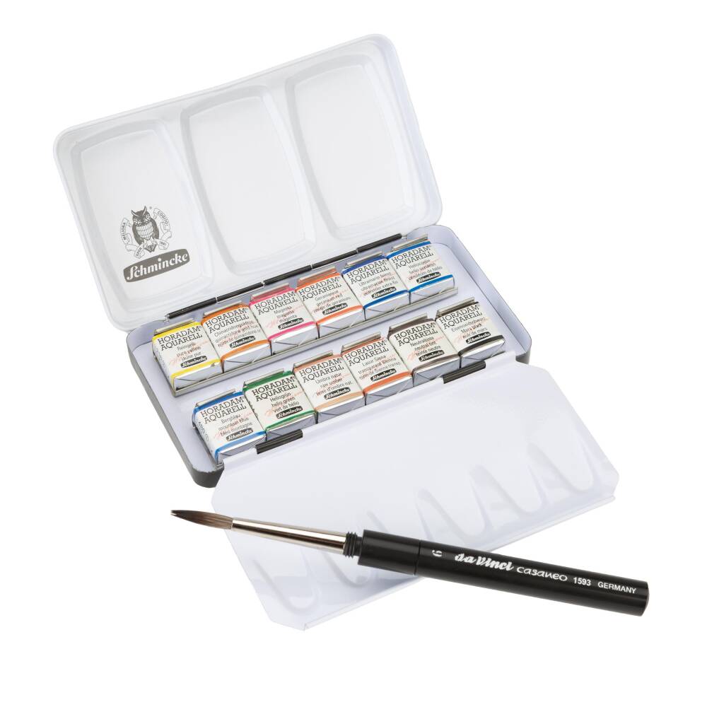 Schmincke Horadam Aquarell Travel Watercolor Set 12 x Half Pan Casaneo Brush Gift 74652