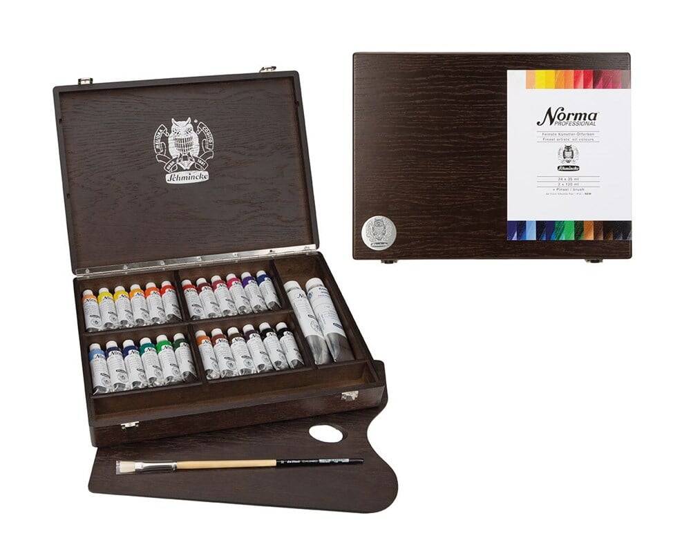 Schmincke Norma Professional Wooden Box Oil Paint Set 24 x 35 ml Tubes + 2 x 120 ml Tubes + 2 x Da Vinci Chuneo Brushes