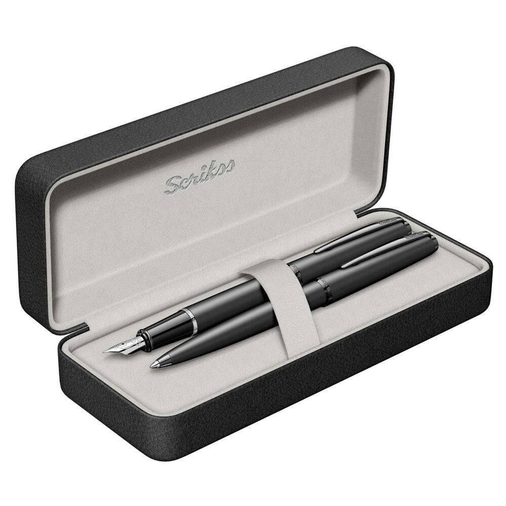 Scrikss 78MB Metropolis Fountain Pen - Ballpoint Pen Set Matte Black Luxury Box