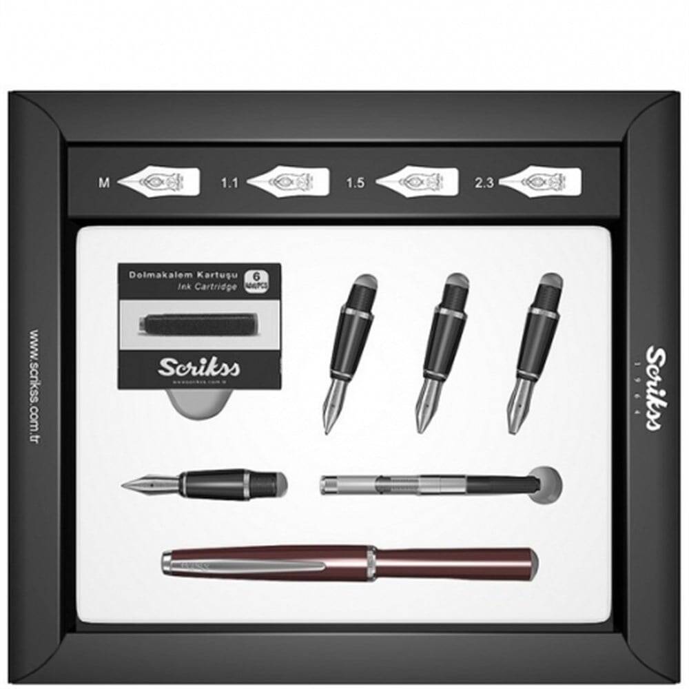 Scrikss Dolma Kalem Seti Bordo 0,5 mm - 1 mm - 1,5 mm - 2 mm ( Hat İçin Özel Kesilmiş Uçlar)