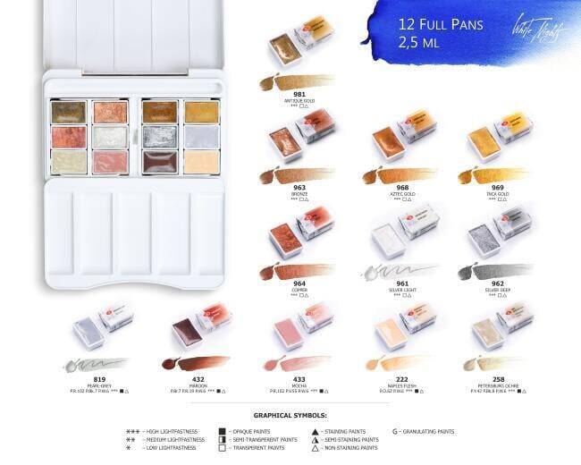 St. Petersburg White Nights Extra-Fine Full Pan Watercolor 2.5 ml Set of 12 Metallic and Pastel