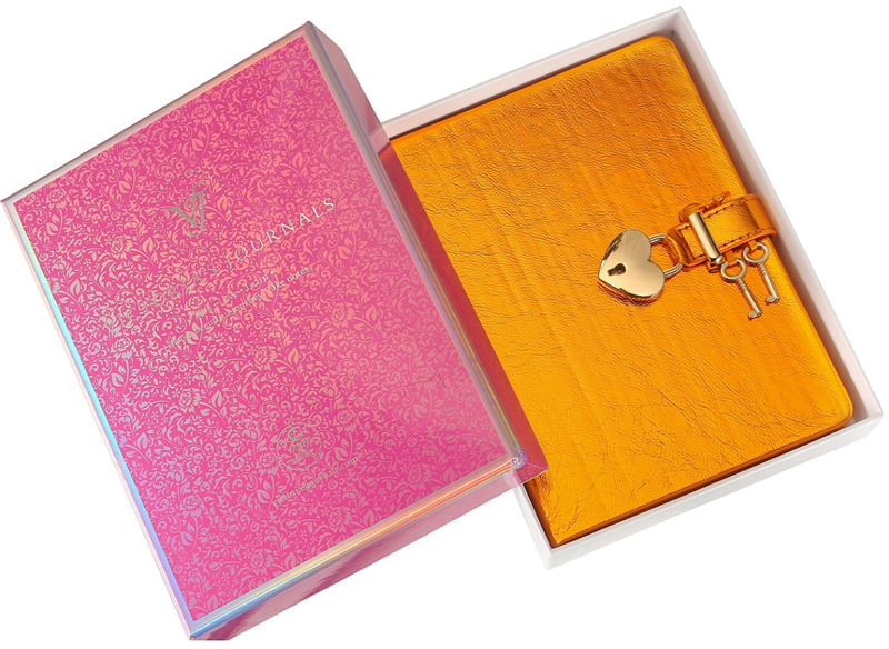 Victoria's Journals Hush Hush Kilitli Mekanik Defter Kutulu 13x18 cm 80 gr 160 Yaprak Metalik Turuncu
