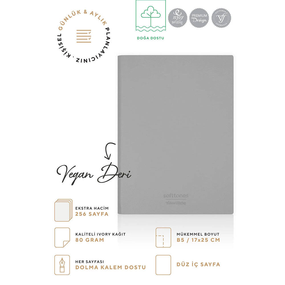 Victoria's Journals Softtons Esnek Kapak Çizgisiz Defter B5 80 gr 128 Yaprak Gri